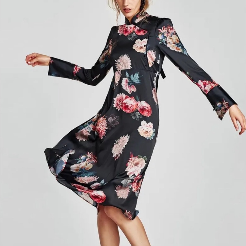 Zara Black Floral Satin Midi Dress with Pink and Cream Blooms